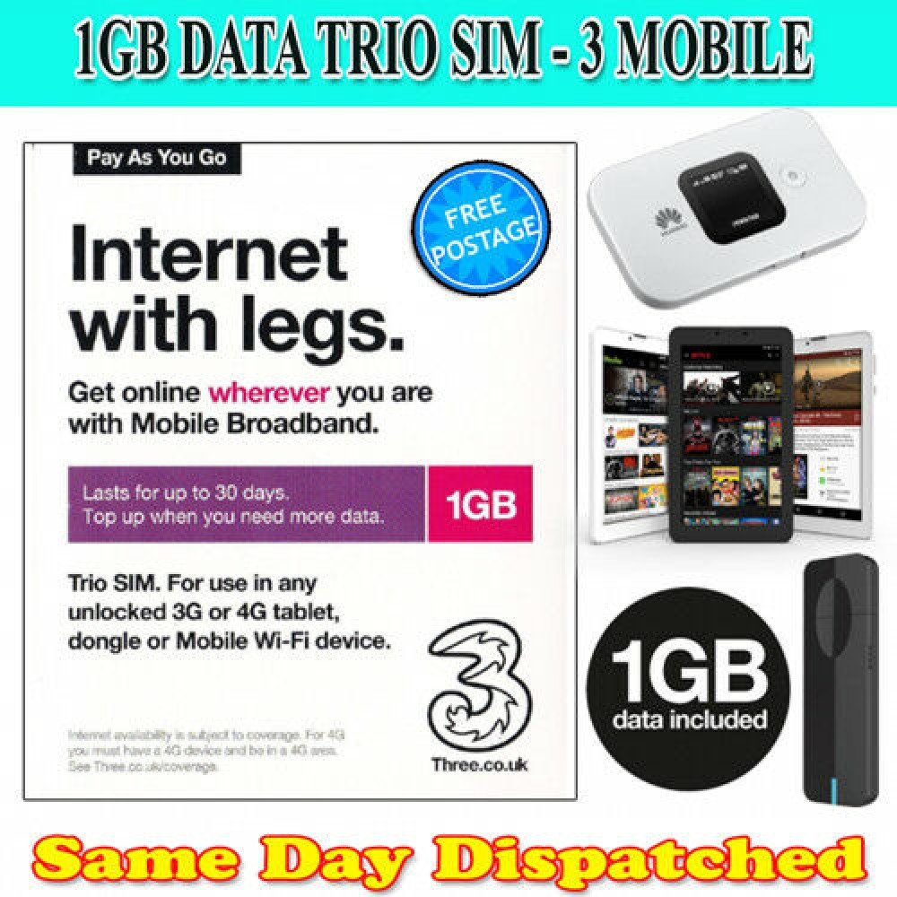 Three UK Preloaded Data SIM Card - 1GB, 3GB, Or 12GB Data For Travel In Europe & Worldwide